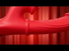 Customizable 9.65" Red Rechargeable Silicone Rabbit Vibrator – 10 Vibrating + 10 Licking + 7 Thrusting + 7 Beads Motion Modes