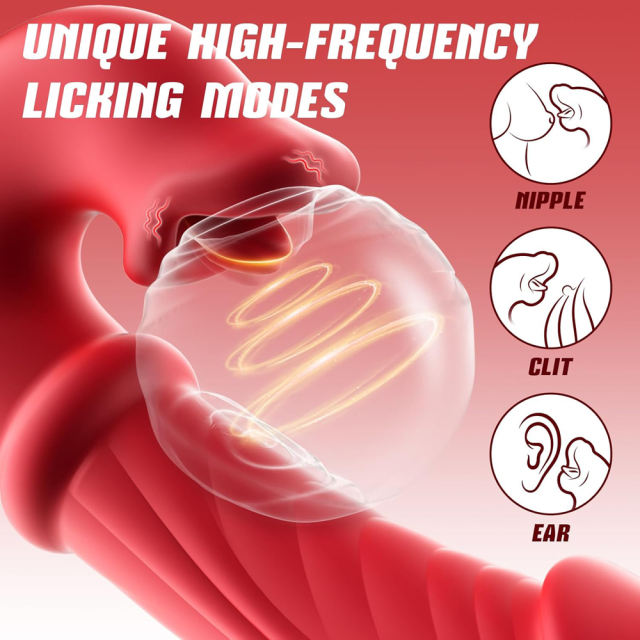 9.65" Red Rechargeable Silicone Rabbit Vibrator – 10 Vibrating + 10 Licking + 7 Thrusting + 7 Beads Motion Modes