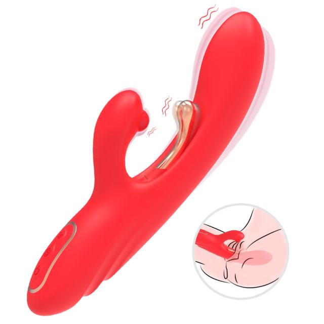 9-Mode Waterproof Rechargeable Red Silicone Vibrator with Targeted Stimulating Arm and Clitoral Stimulator