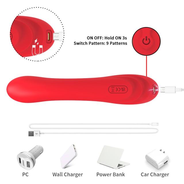 9-Mode Waterproof Rechargeable Red Silicone Vibrator with Targeted Stimulating Arm
