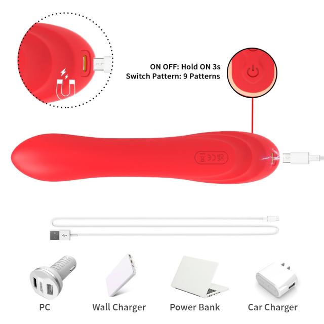 9-Mode Waterproof Rechargeable Red Silicone Vibrator with Targeted Stimulating Arm and Clitoral Stimulator