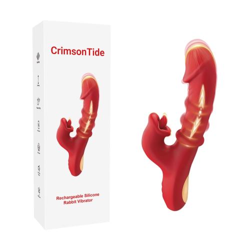 Customizable 9.65" Red Rechargeable Silicone Rabbit Vibrator – 10 Vibrating + 10 Licking + 7 Thrusting + 7 Beads Motion Modes