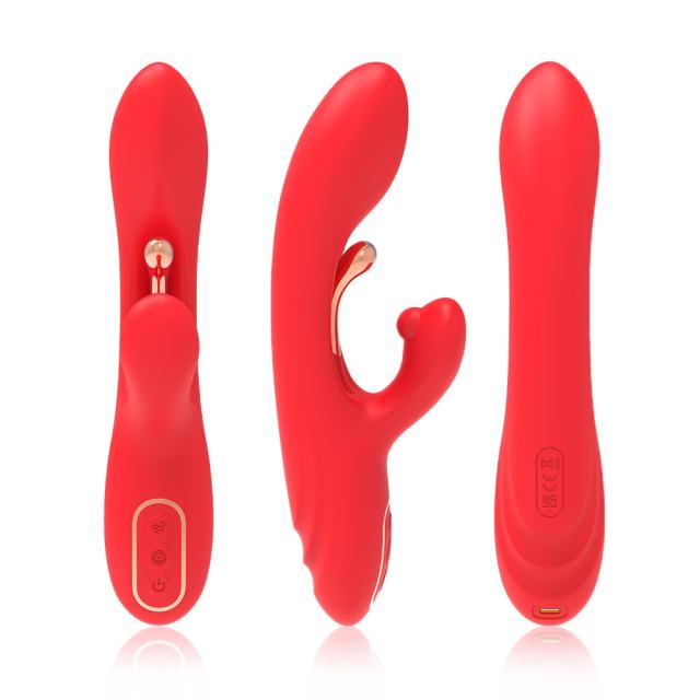 9-Mode Waterproof Rechargeable Red Silicone Vibrator with Targeted Stimulating Arm and Clitoral Stimulator