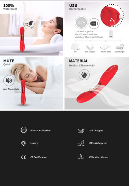 9-Mode Waterproof Rechargeable Red Silicone Vibrator with Targeted Stimulating Arm