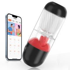 8.59" Red & White Rechargeable Silicone App-Controlled Masturbator – 9 Vibrating + 9 Tongue-Licking Modes Interactive Design
