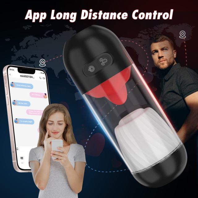 8.59" Red & White Rechargeable Silicone App-Controlled Masturbator – 9 Vibrating + 9 Tongue-Licking Modes Interactive Design
