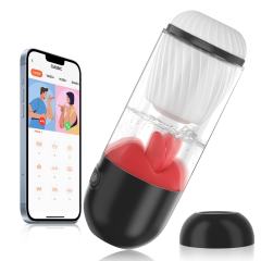 8.59" Red & White Rechargeable Silicone App-Controlled Masturbator – 9 Vibrating + 9 Tongue-Licking Modes Interactive Design