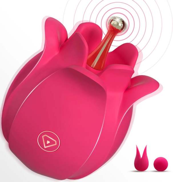Red Rechargeable Silicone Rose Vibrator – 10 Vibrating Modes with 2 Interchangeable Caps