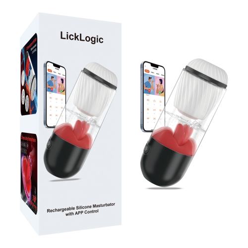8.59" Red & White Rechargeable Silicone App-Controlled Masturbator – 9 Vibrating + 9 Tongue-Licking Modes Interactive Design
