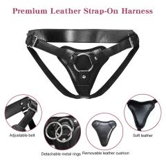 Adjustable Black PU Strap-On Harness with 2-Size Metal O-Rings