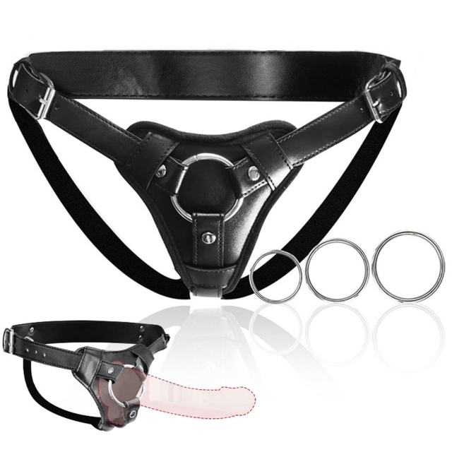 Adjustable Black PU Strap-On Harness with 2-Size Metal O-Rings