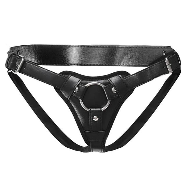 Adjustable Black PU Strap-On Harness with 2-Size Metal O-Rings