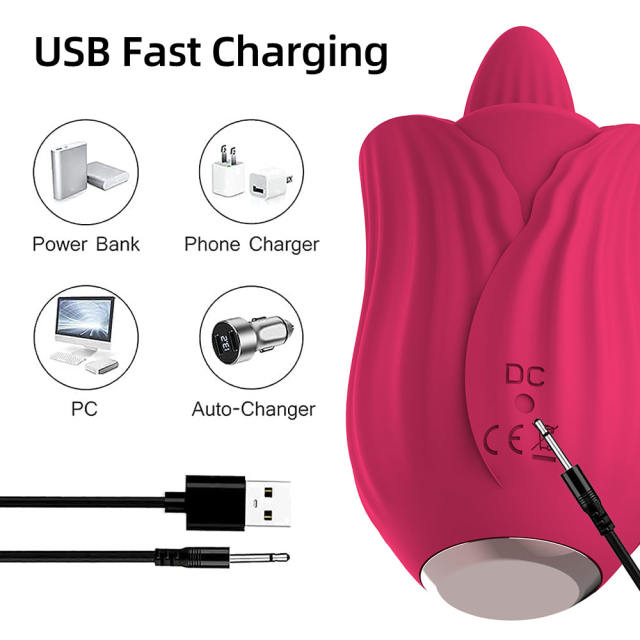 Red Rechargeable Silicone Rose Tongue-Licking Vibrator – 10 Licking Modes