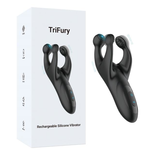 Customizable  7.88" Black Rechargeable Silicone Dual-Arm Vibrator – 10 Vibrating + 10 Tapping Modes