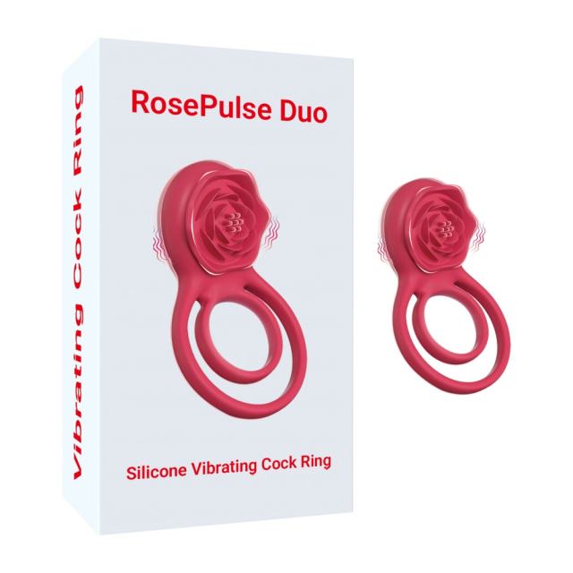 9-Speed Red Rechargeable Silicone Vibrating Cock Ring with Rose Clitoral Stimulator