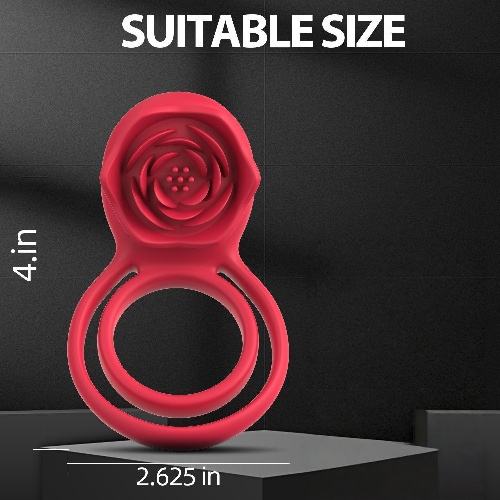 9-Speed Red Rechargeable Silicone Vibrating Cock Ring with Rose Clitoral Stimulator