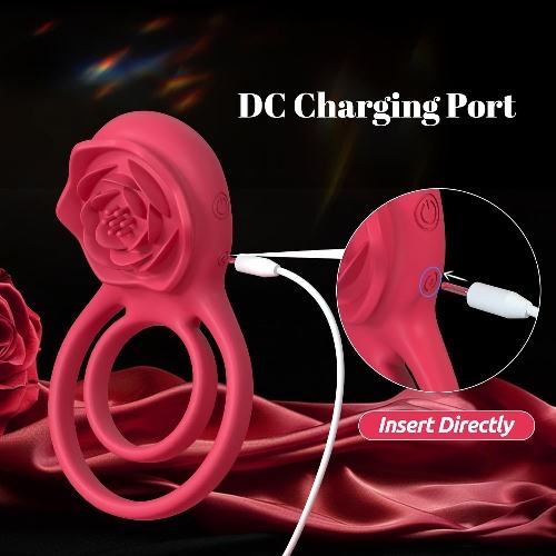 9-Speed Red Rechargeable Silicone Vibrating Cock Ring with Rose Clitoral Stimulator