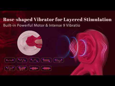 9-Speed Red Rechargeable Silicone Vibrating Cock Ring with Rose Clitoral Stimulator