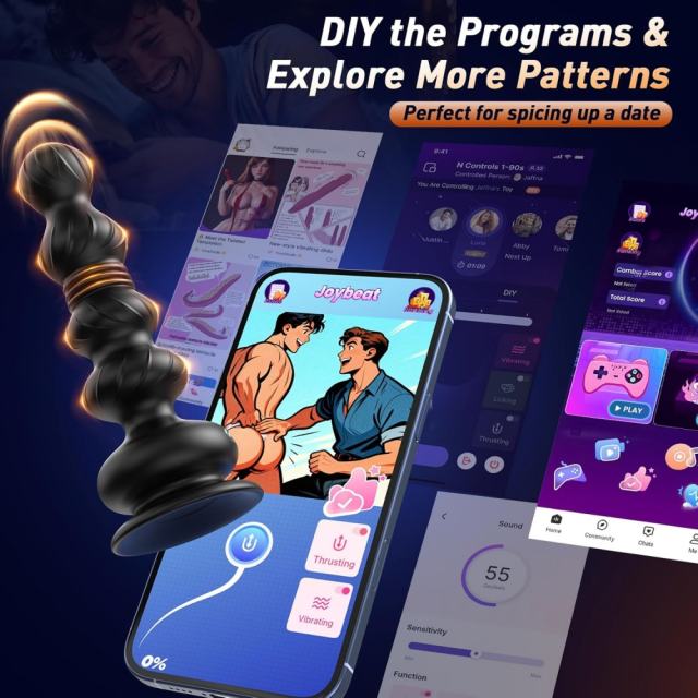 6.70" Black Rechargeable Silicone App-Controlled Thrusting Anal Plug – 10 Vibrating + 10 Thrusting Modes with Remote Control