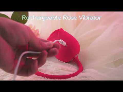 Customizable 16.55'' Red Silicone Waterproof Rechargeable Rose Vibrator with 10-Mode Sucking, Thrusting &amp; Vibrating