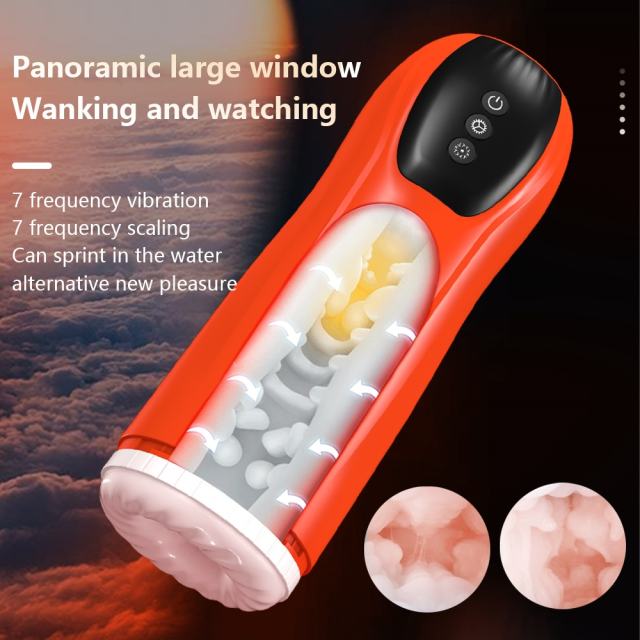 9.89'' Red Rechargeable Male Masturbators - 7 Vibrating + 7 Thrusting Modes