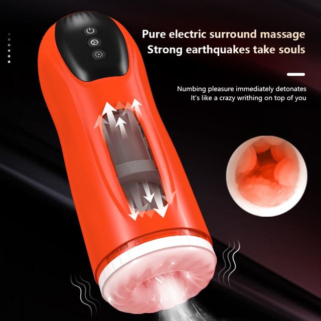 9.89'' Red Rechargeable Male Masturbators - 7 Vibrating + 7 Thrusting Modes