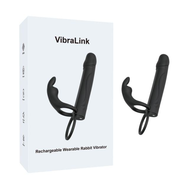 Customizable  8.08" Black Rechargeable Wearable Rabbit Vibrator – 10 Vibrating Modes