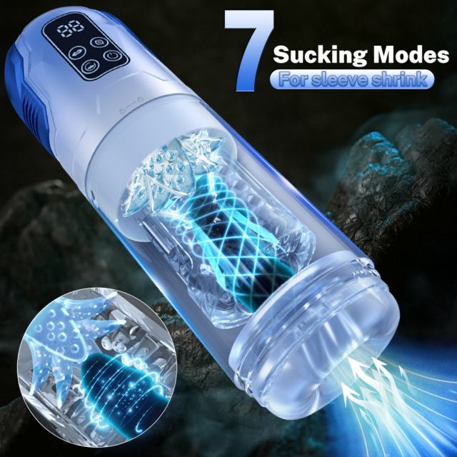 11.31'' Blue Rechargeable Male Masturbator - 7 Thrusting + 7 Rotating + 7 Sucking + 7 Vibrating Modes