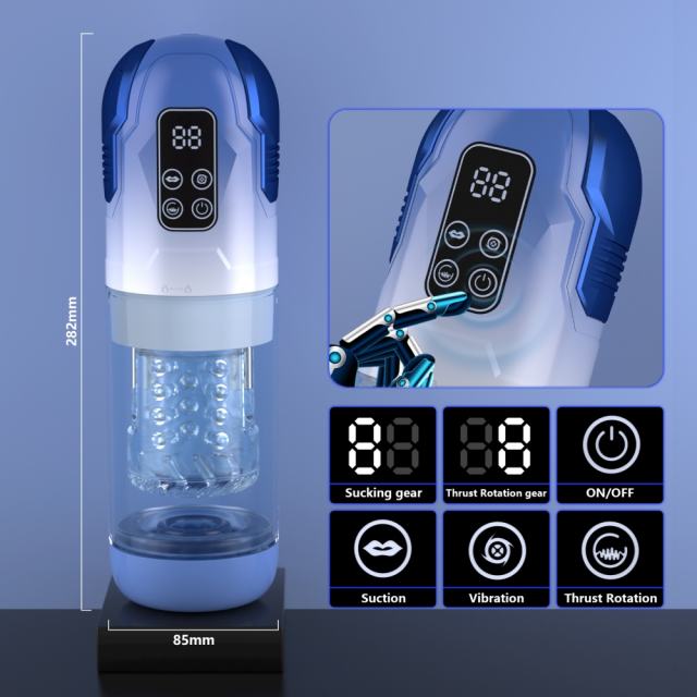 11.31'' Blue Rechargeable Male Masturbator - 7 Thrusting + 7 Rotating + 7 Sucking + 7 Vibrating Modes