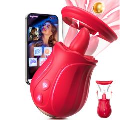 Red App-Controlled Rose Tongue-Licking & Sucking Vibrator – 10 Vibrating + 10 Tongue-Licking