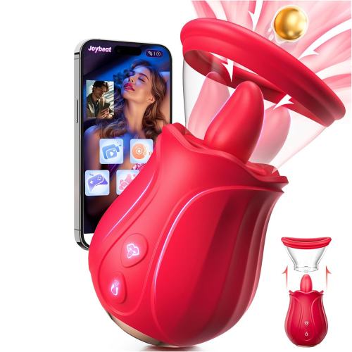 Red App-Controlled Rose Tongue-Licking & Sucking Vibrator – 10 Vibrating + 10 Tongue-Licking