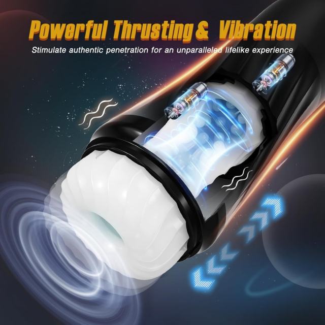 Black Rechargeable Heating Rotating & Thrusting Male Masturbator – 5 Vibrating + 5 Thrusting + 3 Rotating Modes Automatic Stroker