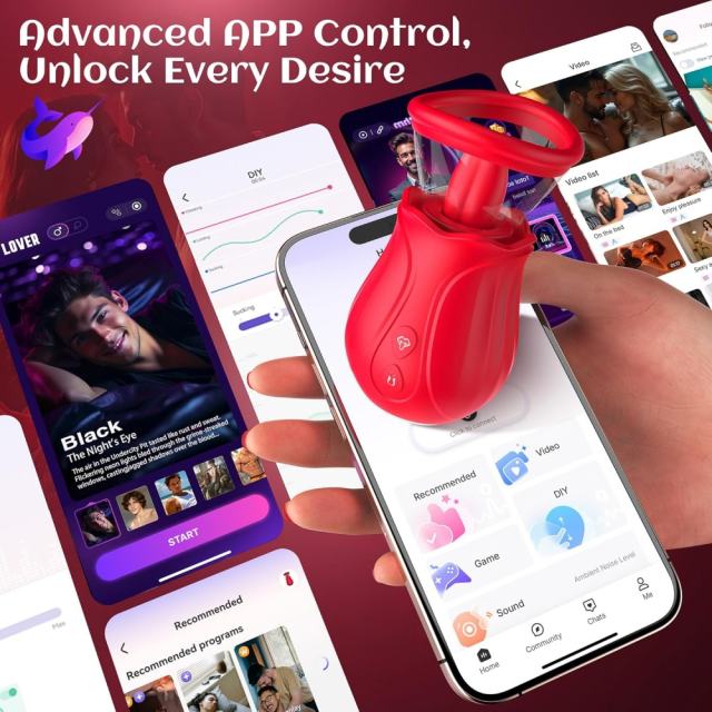 Red App-Controlled Rose Tongue-Licking & Sucking Vibrator – 10 Vibrating + 10 Tongue-Licking
