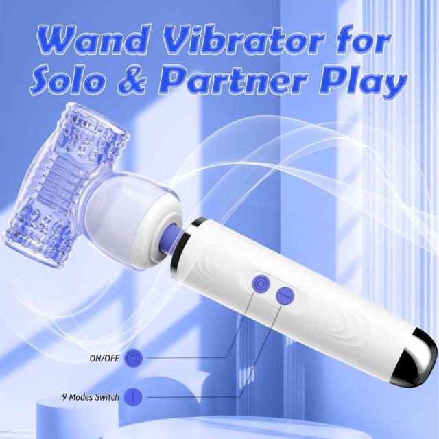 8.87" White Rechargeable Wand Massager with Textured Attachment – 9 Vibrating Modes