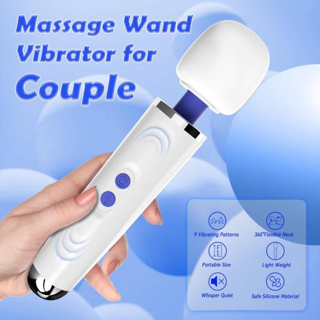 8.87" White Rechargeable Wand Massager with Textured Attachment – 9 Vibrating Modes