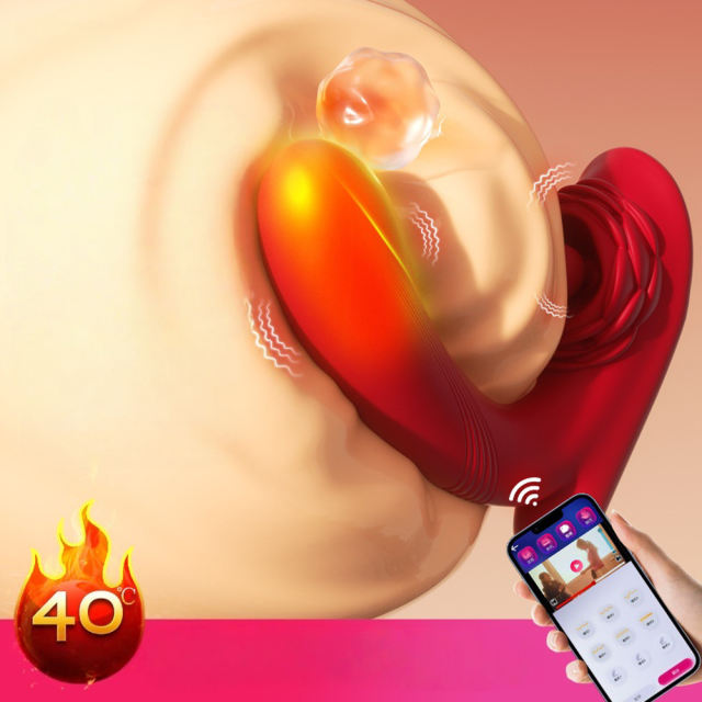 Red Rechargeable Silicone App-Controlled Rose G-Spot Vibrator – 9 Vibrating + 9 Rotating Modes with Heating Function
