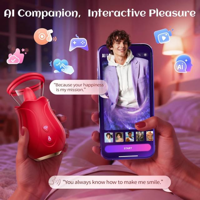 Red App-Controlled Rose Tongue-Licking & Sucking Vibrator – 10 Vibrating + 10 Tongue-Licking