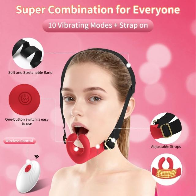 Red Rechargeable Silicone Oral Stimulation Vibrator – 10 Vibrating Modes Wearable Strap