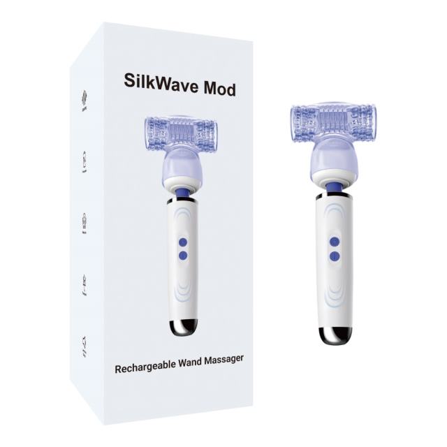 Customizable 8.87" White Rechargeable Wand Massager with Textured Attachment – 9 Vibrating Modes
