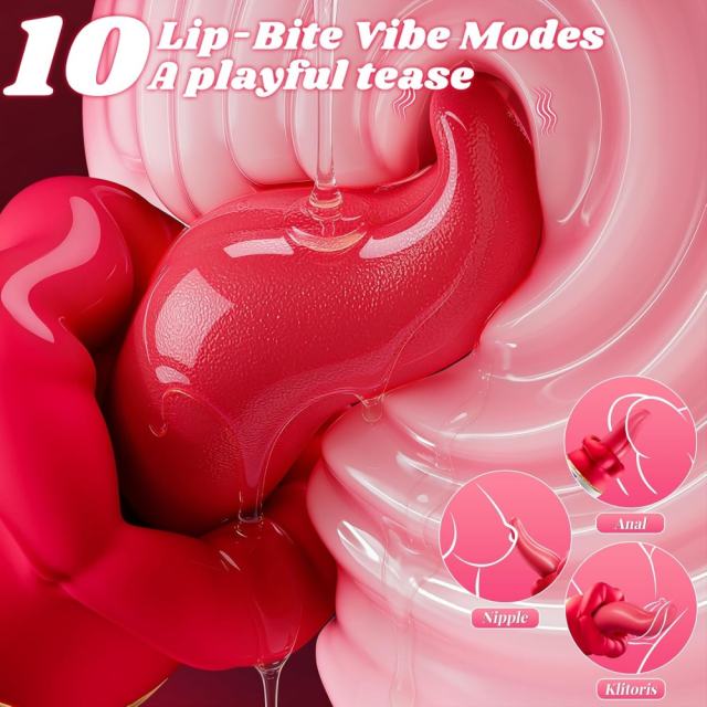 5.52" Red Rechargeable Silicone Tongue-Licking Vibrator – 9 Vibrating + 9 Tongue-Licking + 9 Biting Modes
