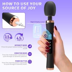 12.21" Black Rechargeable Silicone Powerful Wand Massager – 10 Vibrating Modes