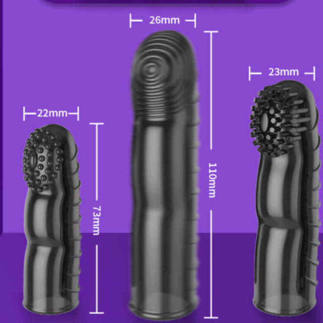 4.3" Vibrating Finger Sleeve III – Soft Clear / Black TPE Finger Cover with Tease & Delight Texture & Single Vibration Mode