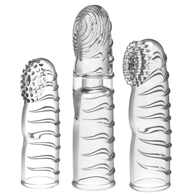 4.3" Vibrating Finger Sleeve III – Soft Clear / Black TPE Finger Cover with Tease & Delight Texture & Single Vibration Mode