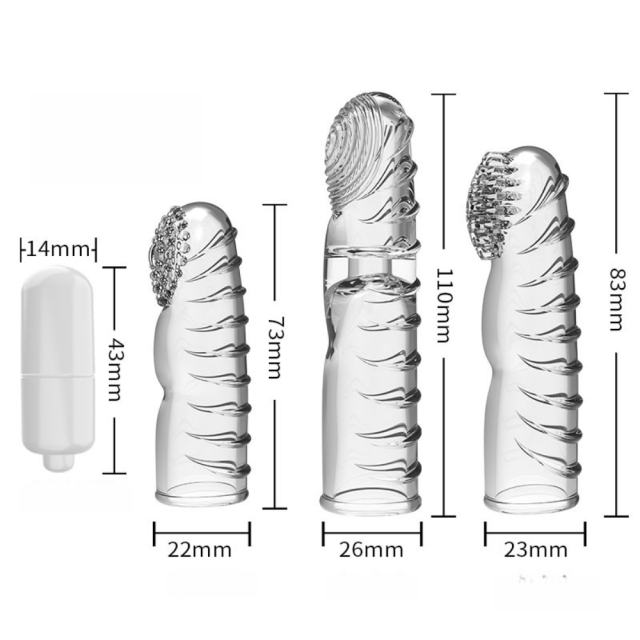 4.3" Vibrating Finger Sleeve III – Soft Clear / Black TPE Finger Cover with Tease & Delight Texture & Single Vibration Mode