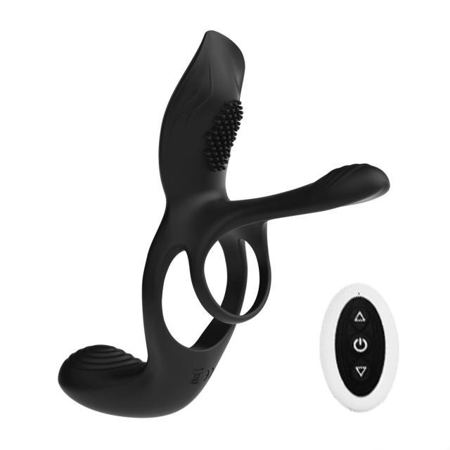 Customizable 10-Speed Black 3-in-1 Rechargeable Silicone Vibrating Cock Ring for Couples
