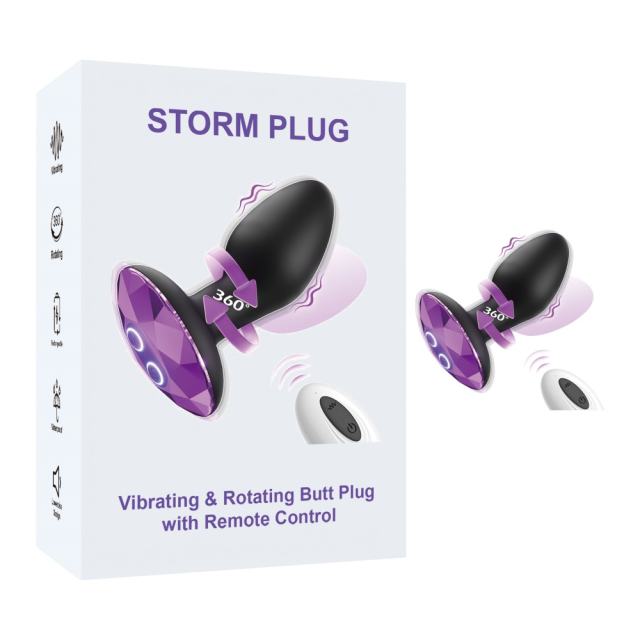 Customizable 10-Speed Black Silicone Vibrating &amp; Rotating Butt Plug with Remote Control and Purple Crystal Base