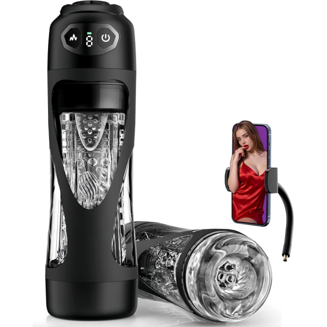 Black App-Controlled Vibrating & Suction Masturbator – 7 Vibrating + 9 Suction Modes with Transparent Sleeve Design