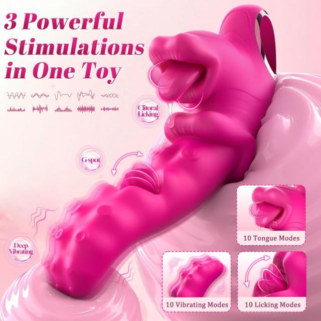 9.26" Magenta Rechargeable Rabbit Vibrator – 10 Vibrating + 10 Tongue-Licking Modes