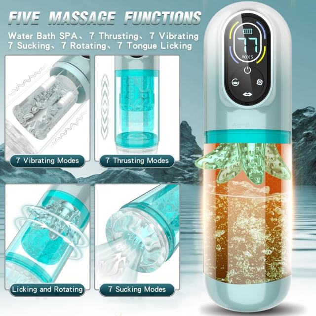 Multifunction Green Rechargeable Automatic Male Masturbator with Tongue-Licking, Thrusting, Rotating, Vibrating & Sucking Modes