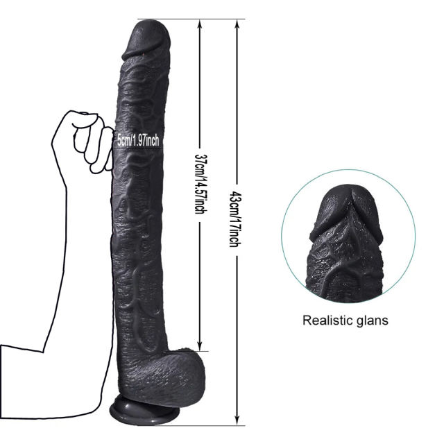 17" Extremely Large Black Silicone Dildo with Strong Suction Cup – 13.79" Insertable Length